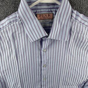 Thomas Pink Long Sleeve Button Up Shirt Cotton Slim Fit 17 French Cuff Striped